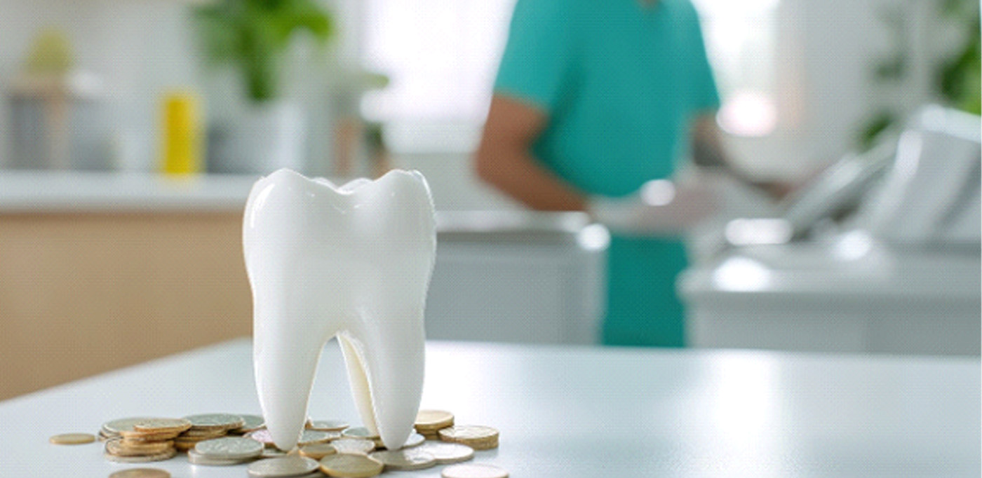 Large model tooth on pile of coins with blurry dentist in the background